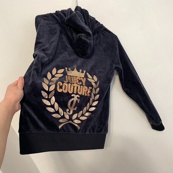 JUICY COUTURE Embellished Velour Hoodie Jacket Navy Blue w/ Back Sequin Logo Y2K - Picture 14 of 14